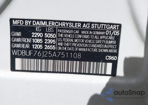 2005 Mercedes-Benz E 55 Amg from USA, damaged, VIN WDBUF76J25A751108